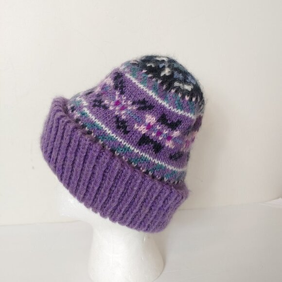 Aris Fair Isle Knit Hat Vintage Beanie One Size Boho Purple Stretch Made in USA - Picture 7 of 8